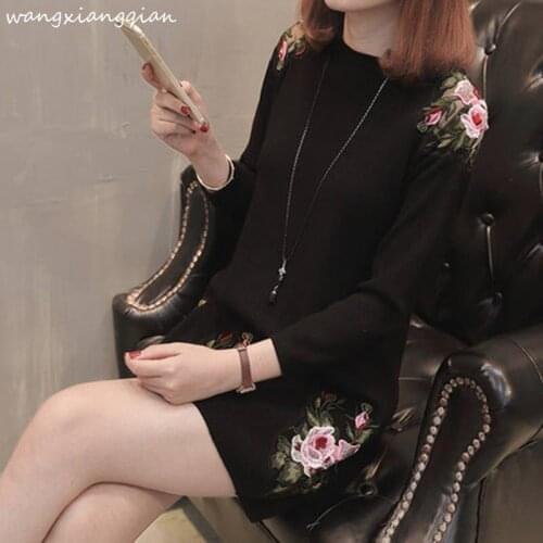 Womens sweater 2019 new autumn coat sweater long section loose straight type low round neck retro bottoming sweater Female A481