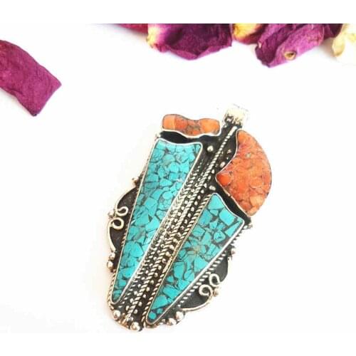TBP281 Tibetan Jewelry Pendants White Metal Copper Inlaid Colorful Stone Big Pendant from Nepal