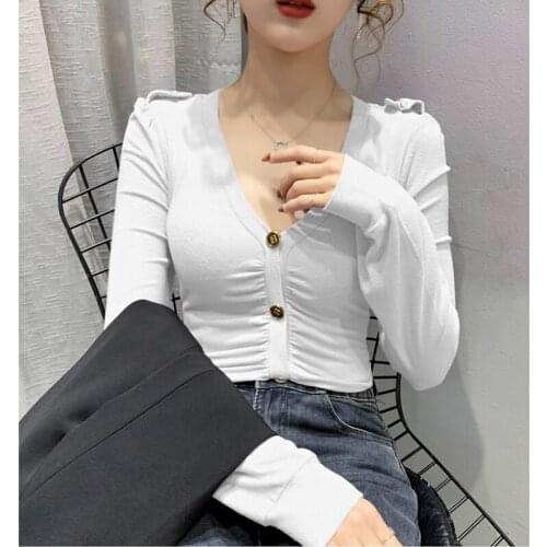 Harteen Spring Autumn Sexy Deep V Neck Womens Tshirts Slim White Black Button Epaulet Skinny Basic Cotton Tee Shirt Female Tops