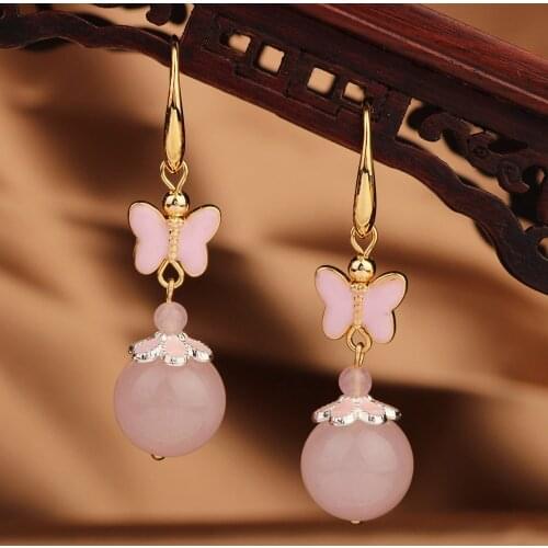 Vintage earrings Ethnic New Pink butterfly long earrings Drop Long earrings, nature stones earrings for women 2020 Jewelry