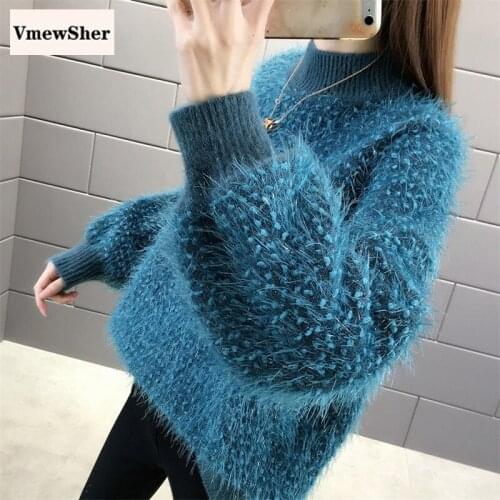 Vintage Half Turtleneck Women Sweater Solid Fluffy Loose Long Sleeve Knit Furry Poullovers Lazy Style Top Bottoming Shirt