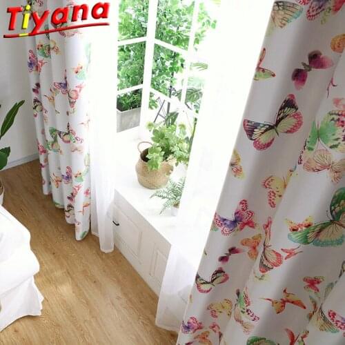 Cartoon Color Butterfly Printed Curtains Cloth for Living Room Pastoral Drapes White Semi-shading Fabric for Bedroom HM681 *VT