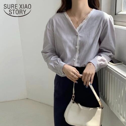 V-neck Lace Blouse Korean Tops 2021 Spring Autumn Long Sleeve Puff Sleeve Women Blouse Elegant Loose OL Chemisier Femme 11190