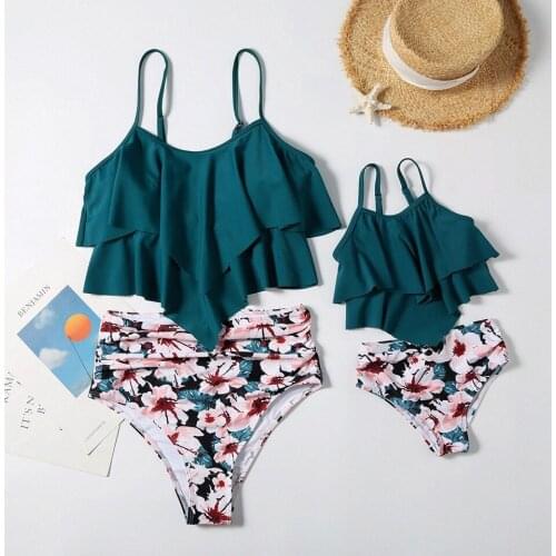 High-Waist Flower Women & Girls Beachwear Ruffled Mother Daughter Swimwear Family Matching Swimsuit Mommy and Me Bikini Clothes