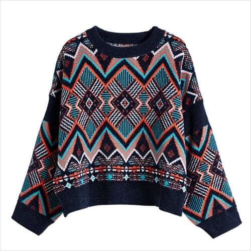 Womens Autumn Winter Sweater Long Sleeve Chic Diamond Knit Pullover Sweater Ancient Short Soft Warm Thick Knitted Top 2021 New