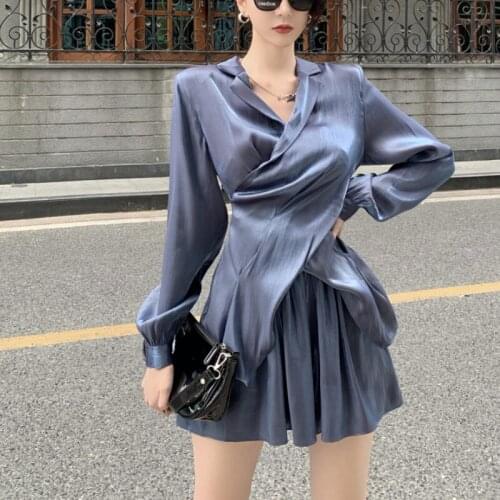 2021 Summer Casual Two Piece Set Women Long Sleeve Chic Shirts Blue Sexy Mini Pant Slim Korean Fashion Elegant Beach Party Suit