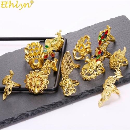 Ethlyn Dubai Durable Gold Color Peacock Ring Women Girls Bride Wedding Birthday Gifts , Opening Size Adjustable Ring R46