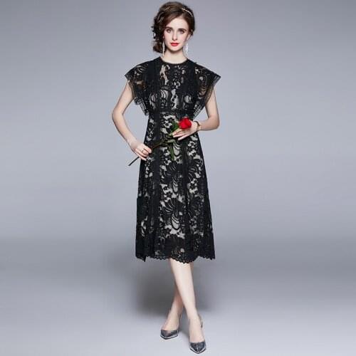 Autumn Fashion Black Lace Floral Dress Women Raglan Sleeve Crew Neck Hollow Out Vinatge Office Casual Party Vestidos k6736
