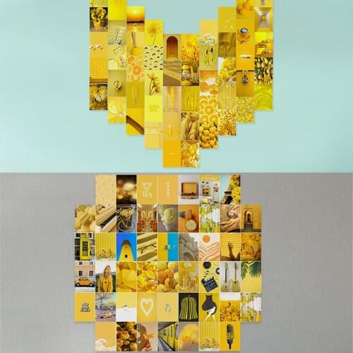 50Pcs Literary Bright Yellow Theme Series Wall Collage Set Cheerful Fresh Feeling Postcard Wall Paper Stickers Home Decorative