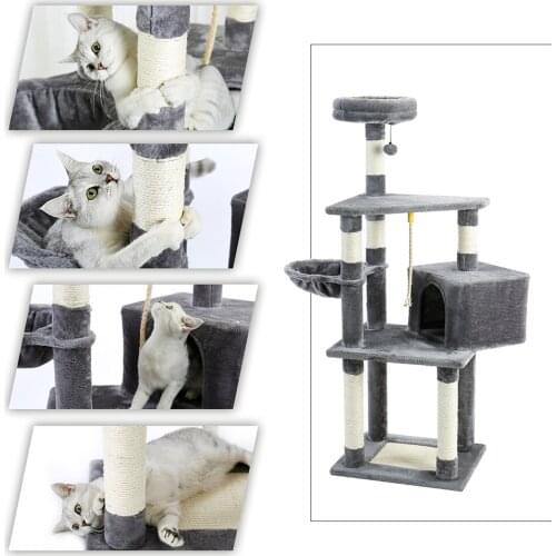 53 Inches Cat Tree Cat Condo with an Extra-Large Scratching Pad, Basket(Supported by Two Posts) Grey