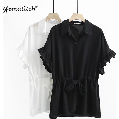 GEMUTLICH Women Big Size Chiffon Short Sleeved Blouse Loose Turn-Down Collar Sashes Ruffles Loose Office Lady Shirt XL-3XL