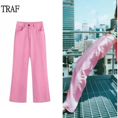 TRAF Za Pink Womens Pants 2021 Autumn Linen High Waisted Woman Trousers Vintage Loose Wide Leg Pants Woman Y2k Chic Suit Pants