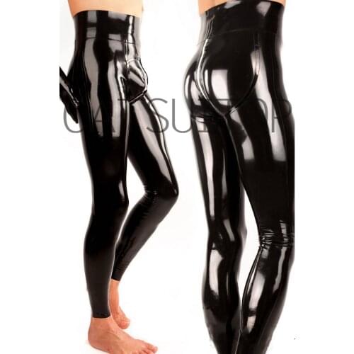 CATSUITOP New men Latex rubber pants with crotch zippers with high waist 3D cutting in black without gloves