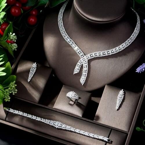 HIBRIDE Shiny Big Leaf Drop African Dubai CZ Necklace Earrings Wedding Bridal Dress Jewelry Sets Accessories Bijoux Femme N-19