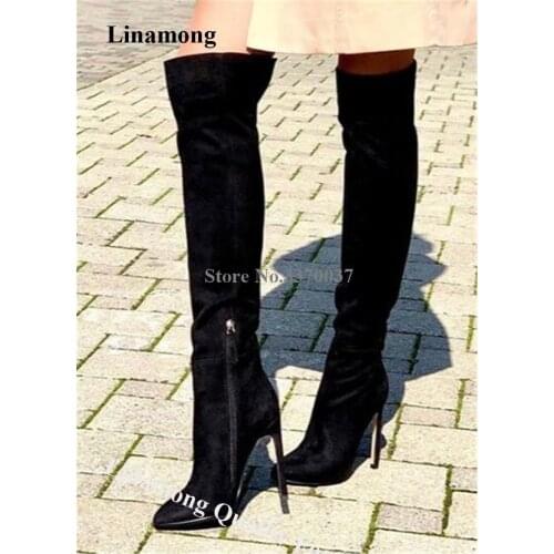 Linamong Classical Style Pointed Toe Suede Leather Stiletto Heel Knee High Boots Black Long High Heel Boots Formal Dress Boots