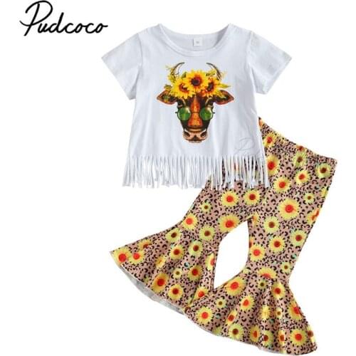Infant Kids Baby Girl Clothing Set Short Sleeve Fringed Tops Flower Flared Pants Two-piece Suit for Vacation Birthday Party 1-6T