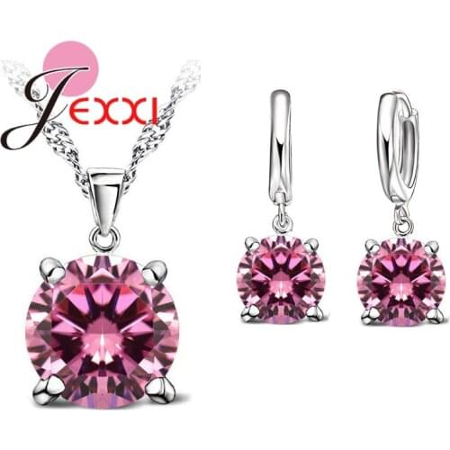 Solid 925 Sterling Silver Jewelry Sets 4 Claws Cubic Zirconia Pendant Necklace Earring Fashion Jewelry For Women SET