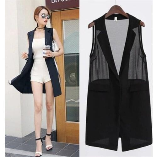 Summer Vest Jacket Women Plus Size 5XL Black Chiffon Sleeveless Blazers Outerwear Female Transparent Casual Waistcoat