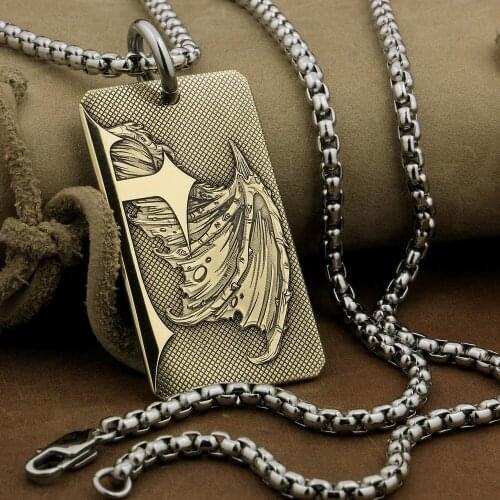 LINSION High Detail Deep Laser Engraved Brass Devil Wing Cross Pendant Biker Punk Dogtag 9X029B Steel Necklace 24 inches