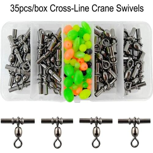 35pcs/Box 3 Way Cross Line Crane Swivels Brass Tube Fishing Swivel Connector T-Shape Copper Fishing Crimp Sleeves