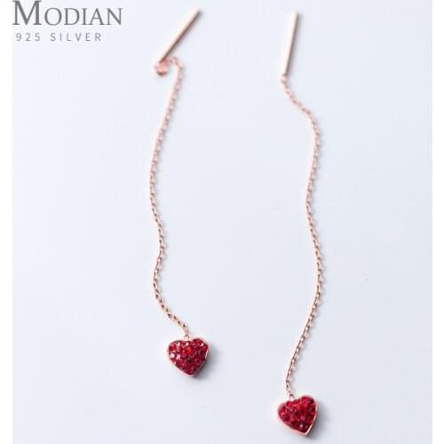 Modian Long Tassel Real Crystal Hearts Lover Dangle Ear Claasic Fashion Real 925 Sterling Silver Drop Earrings For Women Jewelry
