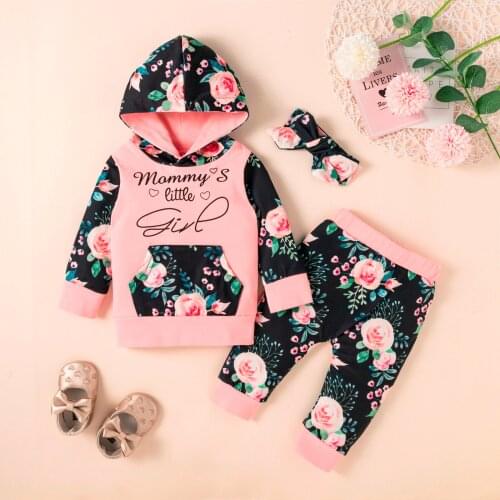 Fashion Newborn Infant Baby Girls Long Sleeve Floral Printed Hooded Hoodie Sweatshirt+Pants Headbands Sportwear Outfits Sets#g4