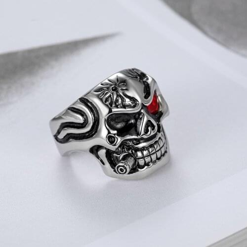 Punk Mens Cigar Skull Skeleton Silver color Black color Red CZ Zircon Crystal Eye 316L Stainless Steel Skeleton Rings