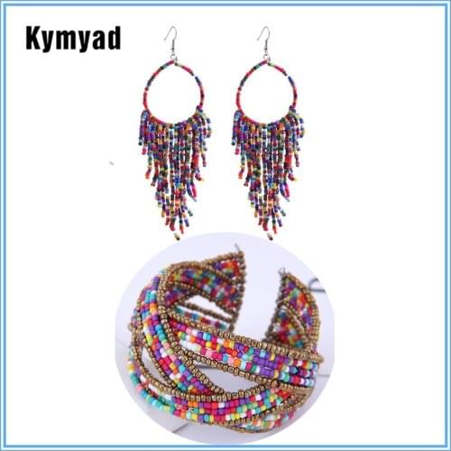 Kymyad Bohemian Jewelry Sets Colorful Beads Earrings Set Open Bracelets For Women African Jewelry Set Handmade Beaded jewellery