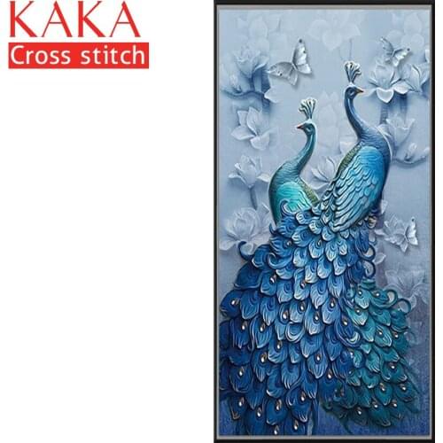 KAKA Cross stitch kits,5D Lovers Blue Peacock,Embroidery needlework sets with printed pattern,11CT canvas,Home Decor Painting