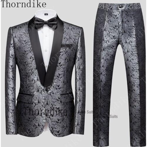 Thorndike New Arrival Costume Homme One Button Jacket Leaves Pattern Men Suits For Dance Competition Prom Dinner (Jacket+Pants)