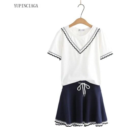 New 2021 Summer 2 Pieces Sets Sweet Style Girl Lace Stitching White Cotton T-shirt + Skirt For Women Set 2116415