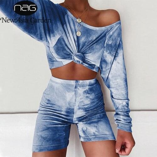NewAsia Tie-Dye Pyjamas Two Piece Set Long Sleeve Crop Top Loose Shirt And Biker Shorts Set Outfit Summer Fashion Tracksuit 2020