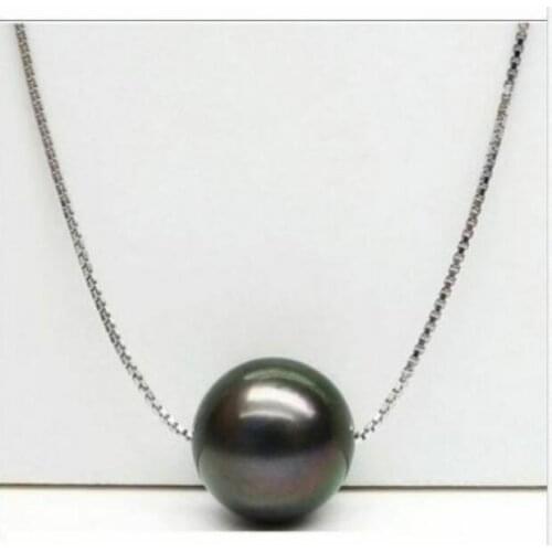 Genuine AAA 11-12mm Natural Tahaitian Black Pearl Pendant Necklace 18"