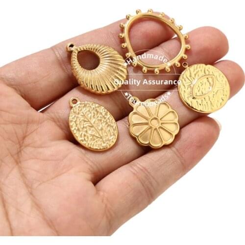 5pcs Stainless Steel Gold Heart Circle Pendants For Diy Necklace Jewelry Makings Accessories Solid Medal Charms