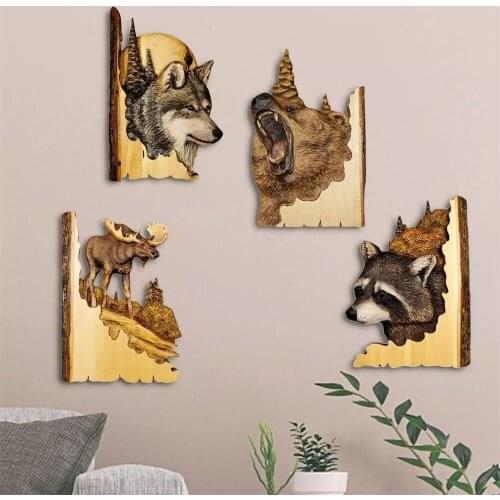 Animal Carving Crafts Wall-mounted Sculpture 3D Raccoon Deer Hand-painted Home Living Room Decorations Animal Carving Handicraft
