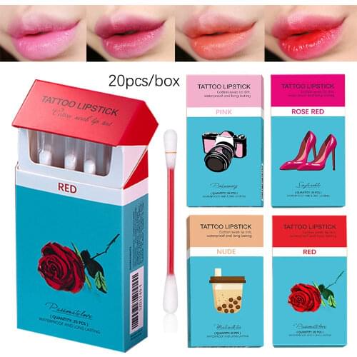 Tattoo Lipstick Cotton Swab Matte Waterproof Lip Gloss Stick Cotton Buds 20pcs/Lot Liquid Lipsticks Set Cigarette Case Box