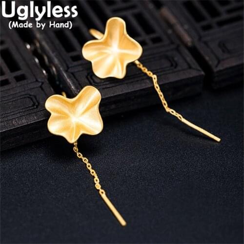 Uglyless Charming Eastern Beauty Lotus Leaf Earrings for Women Gold Real Lines Real 925 Sterling Silver Brincos China Chic Jewel