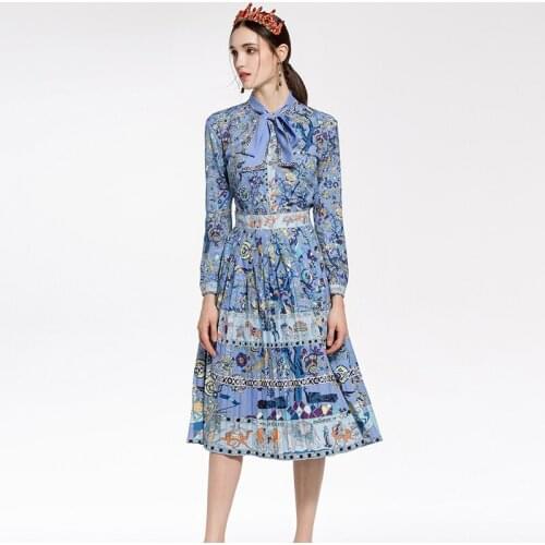 VERDEJULIAY European Vintage Twinset Women Elegant Bow Collar Blouse + Classical Pleated Midi Skirt Office Lady Blue Suits
