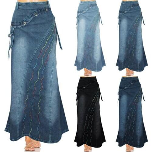 Vintage Patchwork Denim Skirt Women Spring Fashion High Waist Cowboy Mermaid Skirt Female Casual Side Pockets Black Long Skirts