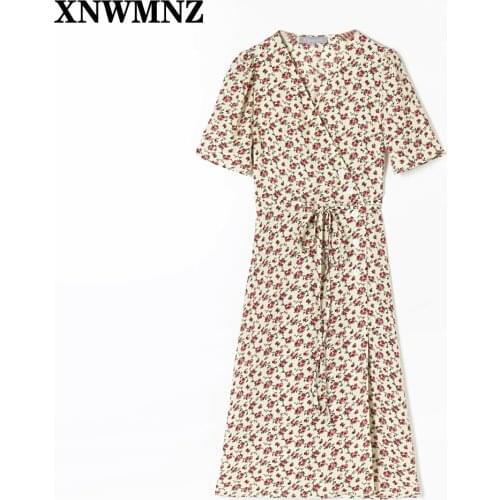 XNWMNZ ZA Women V-Neck Wrap Midi Dress 2021 New Floral Print Puff Sleeve Side Buttons Lace-Up Waist Dresses Ladies Holiday Robe