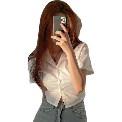 Womens OL White Blouse Casual Lady Turn Down Collar Short Sleeve Loose Blusas Shirt WDC7932