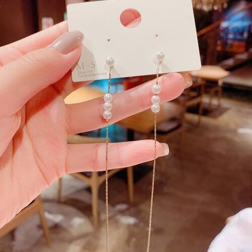 New Fashion Simple Word Simulation Pearl Tassel Long Earrings Temperament Two Women Earrings Wholesale