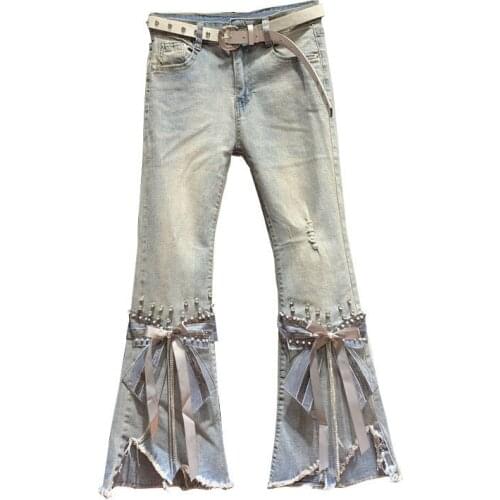 High Waist Jeans Women Ripped Cropped Jeans Womens 2021 Spring New Irregular Beaded Bow Flared Denim Pants Ladies Jeans