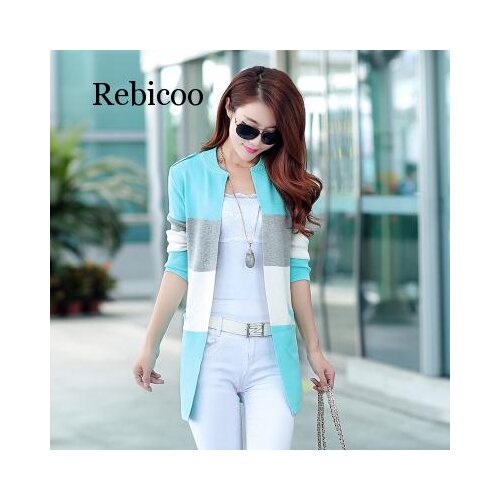 Female Cardigan Spring And Autumn Long Knitted Spell Color Stripe O Neck Slim Thin Coat Plus Size Sweater Women