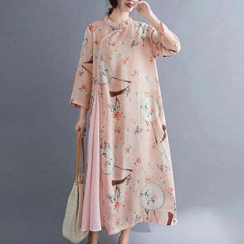 2021 New Arrival Long Sleeve Spring Dress Print Floral Stand Collar Chinese Style Vintage Dress Cotton Linen Women Casual Dress