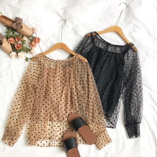 2020 Spring Autumn Women Embroidery Polka Dot Lantern Sleeve Pullover Basic Shirt Casual Lady O-Neck Mesh Gauze Chic Blouse Tops