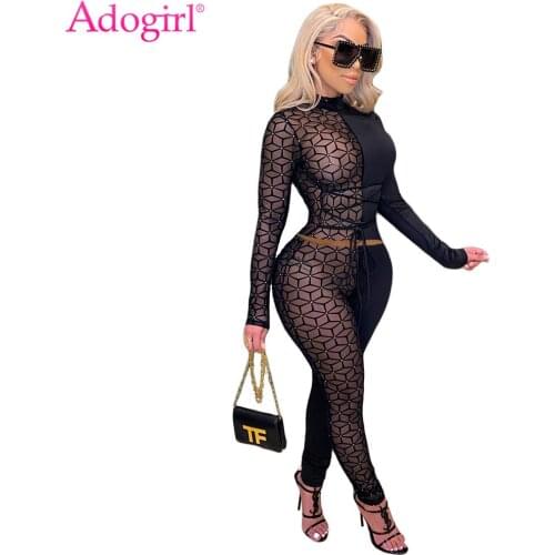 Adogirl Sheer Mesh Patchwork Two Piece Set Long Sleeve Lace Up Pullover Pencil Pants Suit Casual Outdoor Sportswear Clothing