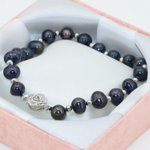 Fashion Charms Diy Bracelets for Women Chain Natural Black Pearl Beads 7-8mm New Fashion Flower Clasp Jewelry 7.5inch B2803