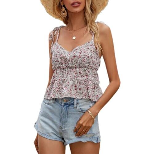 Womens Camisole V-neck Ruffles Lace-Up Floral Sling Tops for Dating Party Shopping Vacation Womens Crop Tops Summer Camis