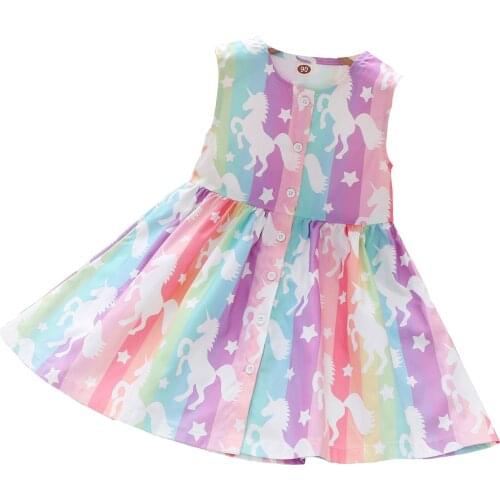 Summer Girls Dress Creative Rainbow Stripe Cartoon Printing Round Collar Sleeveless Princess
